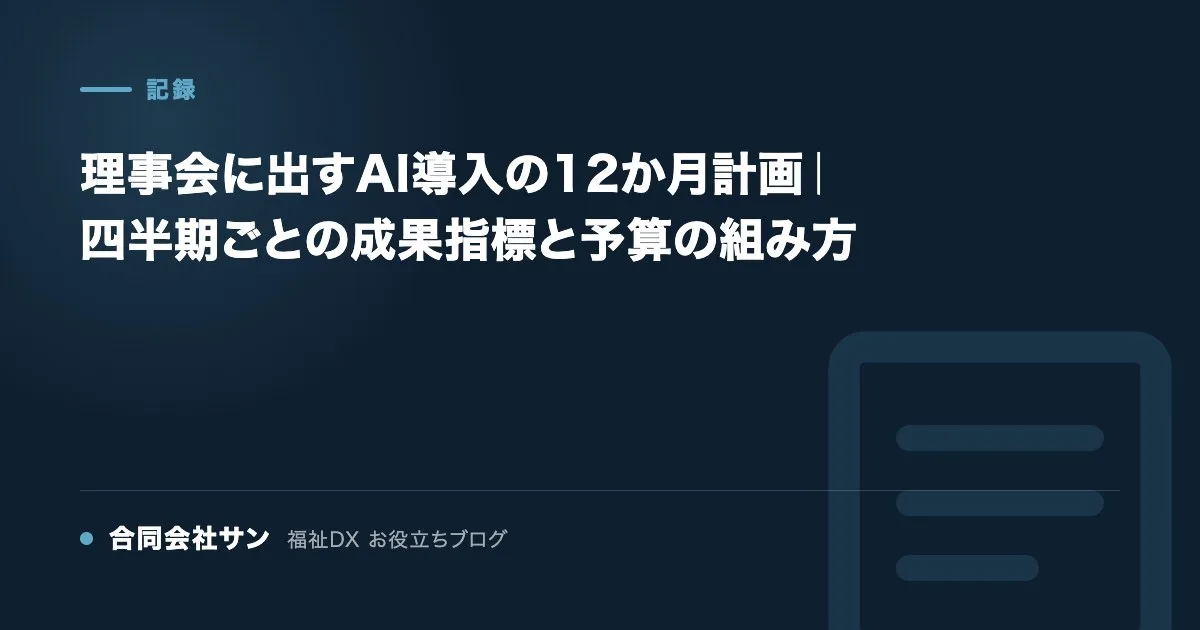 理事会に出すAI導入の12か月計画|四半期ごとの成果指標と予算の組み方 の要点をまとめた図(合同会社サン 福祉DX お役立ちブログ)