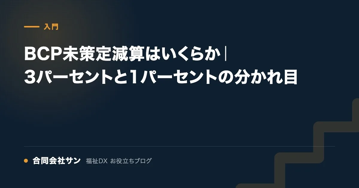 BCP未策定減算はいくらか｜3パーセントと1パーセントの分かれ目 の要点をまとめた図（合同会社サン 福祉DX お役立ちブログ）