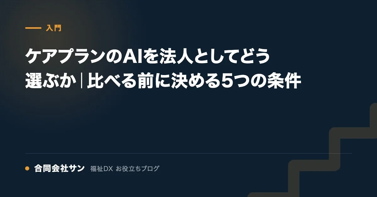 ケアプランのAIを法人としてどう選ぶか｜比べる前に決める5つの条件 の要点をまとめた図（合同会社サン 福祉DX お役立ちブログ）