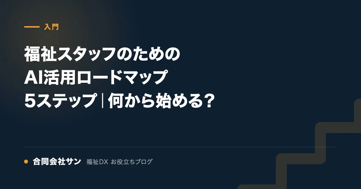 福祉スタッフのためのAI活用ロードマップ 5ステップ｜何から始める？ の要点をまとめた図（合同会社サン 福祉DX お役立ちブログ）