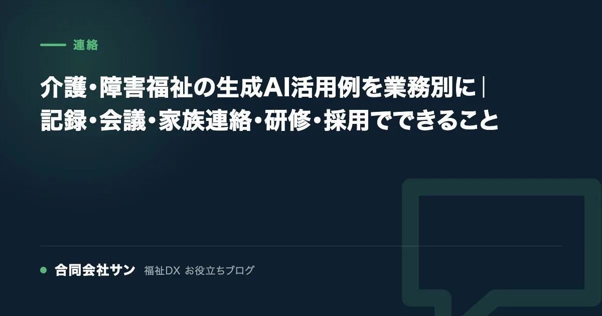 介護・障害福祉の生成AI活用例を業務別に|記録・会議・家族連絡・研修・採用でできること の要点をまとめた図(合同会社サン 福祉DX お役立ちブログ)