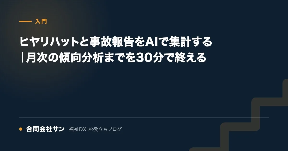 ヒヤリハットと事故報告をAIで集計する|月次の傾向分析までを30分で終える の要点をまとめた図(合同会社サン 福祉DX お役立ちブログ)