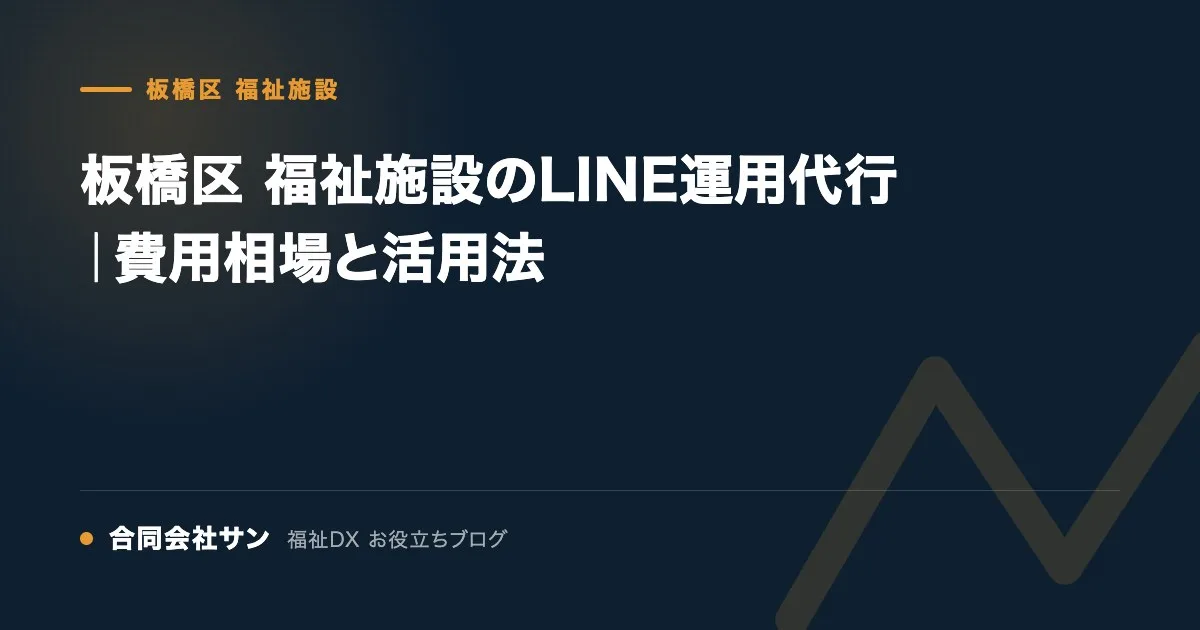 板橋区 福祉施設のLINE運用代行｜費用相場と活用法 の要点をまとめた図（合同会社サン 福祉DX お役立ちブログ）