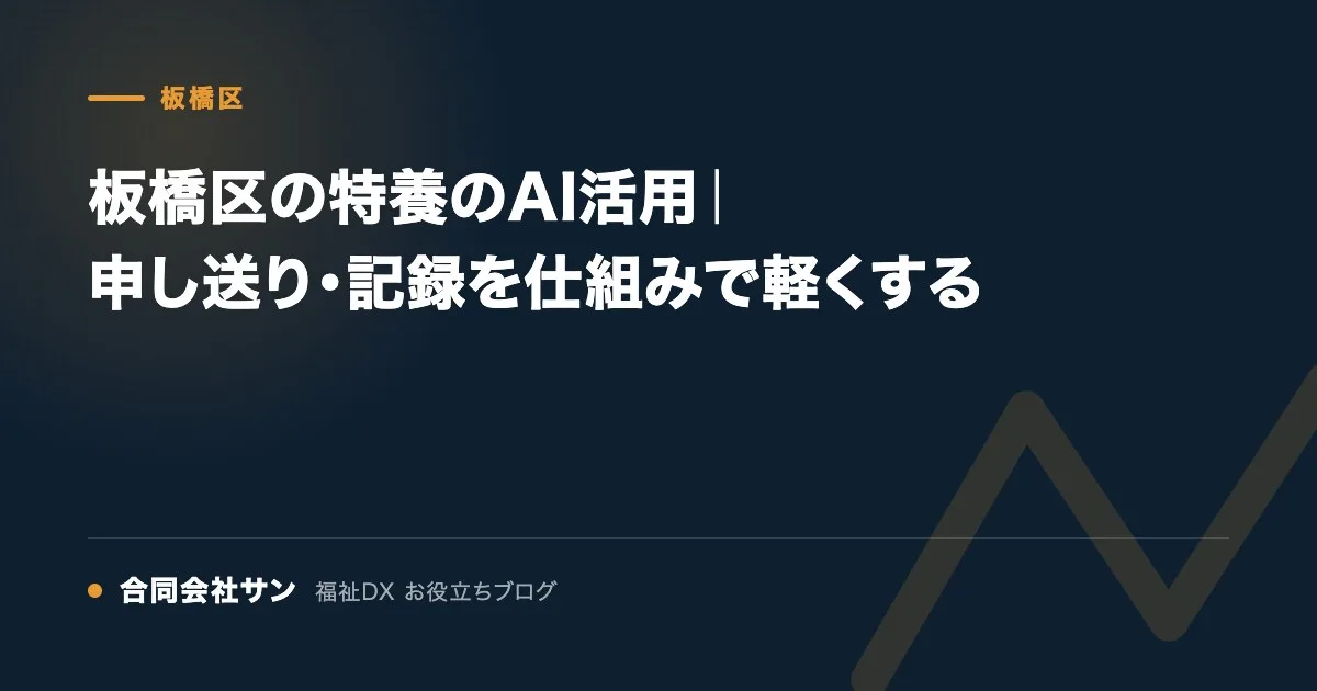 板橋区の特養のAI活用｜申し送り・記録を仕組みで軽くする の要点をまとめた図（合同会社サン 福祉DX お役立ちブログ）