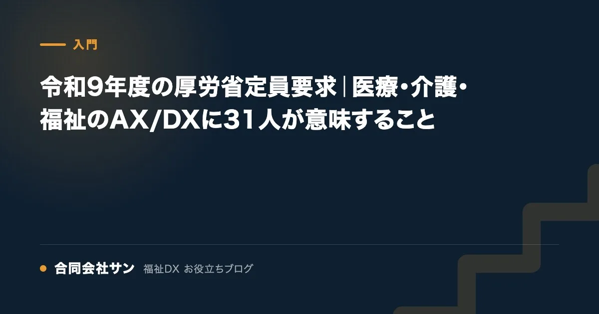 令和9年度の厚労省定員要求｜医療・介護・福祉のAX/DXに31人が意味すること の要点をまとめた図（合同会社サン 福祉DX お役立ちブログ）
