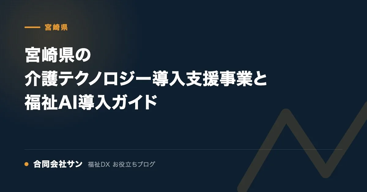 宮崎県の介護テクノロジー導入支援事業と福祉AI導入ガイド の要点をまとめた図（合同会社サン 福祉DX お役立ちブログ）