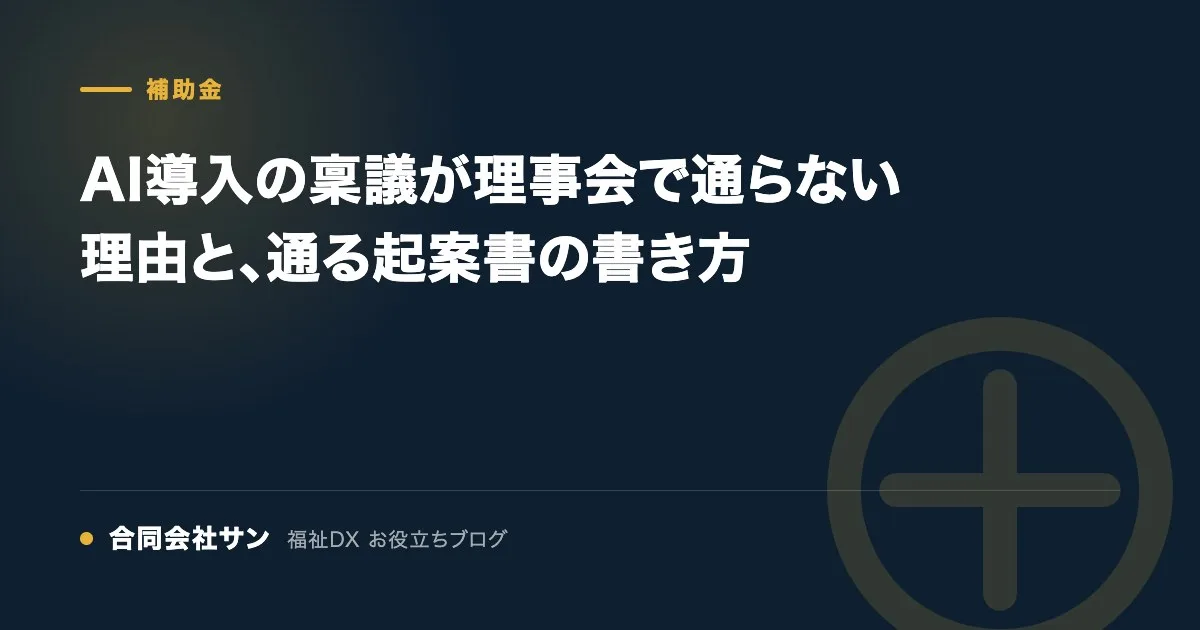 AI導入の稟議が理事会で通らない理由と、通る起案書の書き方 の要点をまとめた図（合同会社サン 福祉DX お役立ちブログ）