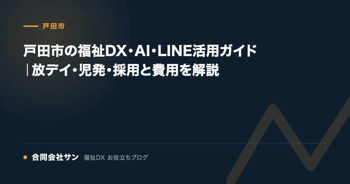 戸田市の福祉DX・AI・LINE活用ガイド|放デイ・児発・採用と費用を解説 の要点をまとめた図(合同会社サン 福祉DX お役立ちブログ)
