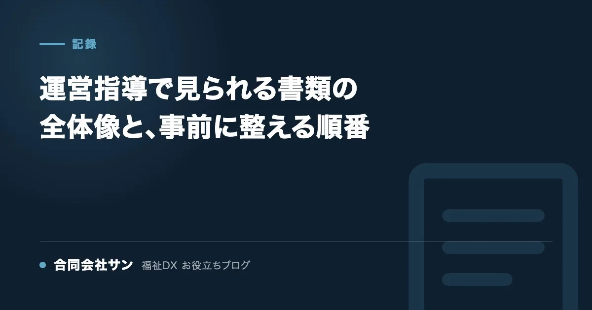 運営指導で見られる書類の全体像と、事前に整える順番 の要点をまとめた図（合同会社サン 福祉DX お役立ちブログ）