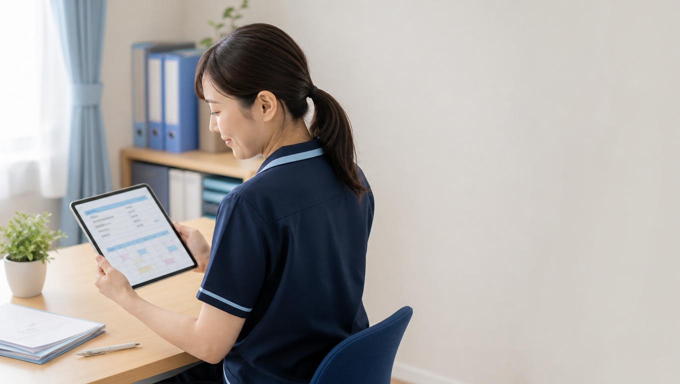 請求・加算・シフトの事務書類をタブレットとAIで整理する福祉現場のイメージ