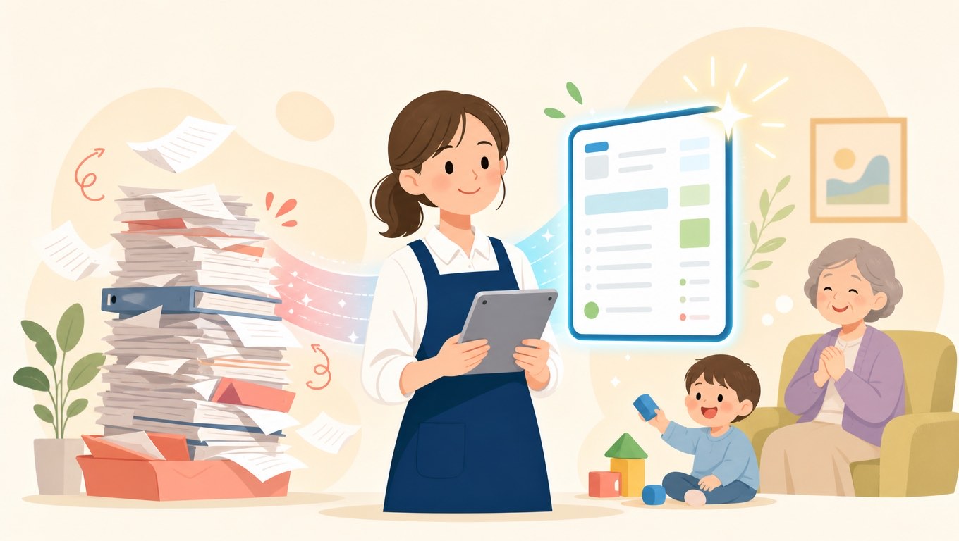 書類仕事をAIで軽くし、保育・介護の現場が子ども・利用者と向き合う時間を増やすイメージ