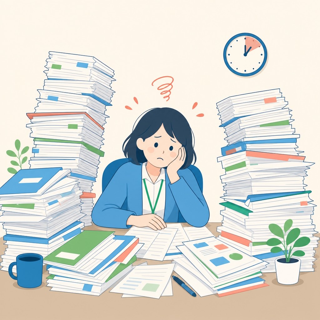 書類の多さに追われるイメージ